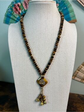 Tiger Eye Bead Necklace with Islamic Rhinestone Pendant - Handcrafted